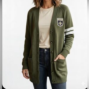 NWT Official NFL Team Apparel New Orleans Saints Women Olive Knit Cardigan S/M